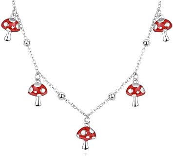 PRAYMOS 925 Sterling Silver Red Necklaces Mushroom/Pomegranate Pendant Necklace Cute Dainty Jewelry Gifts for Women