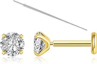 THE JEWEL PICK 20g Threadless Nose Studs, 8mm Flat Back Earrings,6mm Titanium Labret Nose Stud, Nap Earrings for Helix Piercing Tragus Conch Jewelry,Cubic Zirconia 3mm Push In Gold Nose Ring, Hypoallergenic Cartilage Earring Stud
