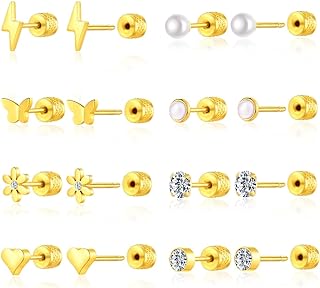 Threadless Push-In Stainless Steel Stud Earrings Set with Cubic Zirconia and Crystal for Women and Girls - Hypoallergenic Flat-Back Design for Cartilage, Helix, and Tragus Piercings
