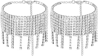 ELABEST Boho Tassels Ankle Bracelet Crystal Anklets 2Pcs Glitter Rhinestone Tennis High-heeled Foot Chain Wedding Body Jewelry Accessories for Women and Girls