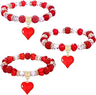 Lobster Claw Clasp Red Heart Beaded Stretch Bracelets with Bead Chain for Women - Valentine's Day and Party Love Themed Jewelry Gift