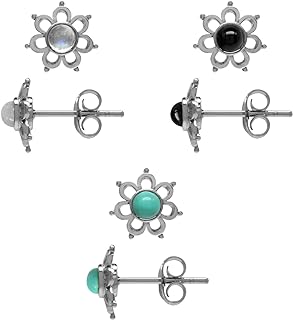 Silvershake Petite 3 Pair Set Moonstone Created Onyx and Green Turquoise 925 Sterling Silver Flower Stud Earrings