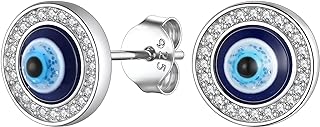 Suplight Sterling Silver Round Evil Eye Stud Earrings with Push Back and Cubic Zirconia for Women and Men