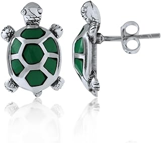 Enchanting Sterling Silver Turtle Stud Earrings with Rhodium-Plating and Push-Back Finding, Adorned with Created Malachite Gems