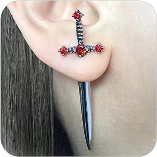 Women's Gothic Sword Stud Earrings with Push Back in Red and Black - Vintage Crystal Design for Birthday & Halloween Gifts