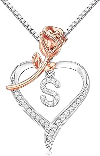 Heart Necklaces for Women Girls, CZ Heart Rose Pendant Letter Necklace Silver Initial Necklaces for Women Gifts for Mom Wife Girlfriend Sister