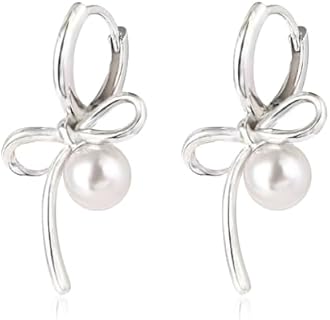 Gold Silver Bow Earrings Women Pearl Bowknot Hoop Earrings Gift