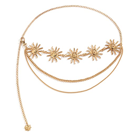 Boho Metal Sun Flower Pendant Waist Chain Belt Summer Beach Sun Body Chain Waistband Sexy Trendy Multilayer Link Belly Chain Belt Bikini Waist Jewelry for Women