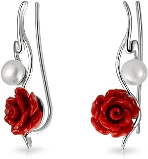 Trendy 3D Pink Red Rose Flower White Freshwater Cultured Pearl Wire Ear Pin Climbers Crawlers Earrings For Women .925 Sterling Silver