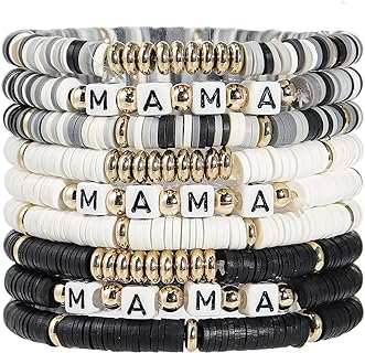 Pingyongchang 9 Pcs MAMA Heishi Bracelet Set Stackable Heishi Clay Beaded Stretch Surfer Bracelet Summer Beach Elastic Layering Bracelets For Women Mother Thanksgiving Mother's Day Gifts Jewelry