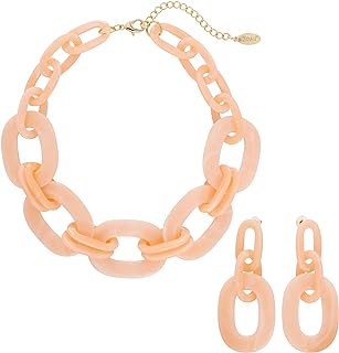 Lobster Clasp Acrylic Chunky Necklace and Hoop Earrings Set for Women - Cube Link Chain Design by Bocar