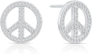 Sterling Silver Cubic Zirconia Peace Sign Stud Earrings with Push Back for Women, 1/2'' Diameter Design