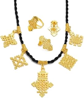 Ethiopian Traditional Jewelry | Eritrean Jewelry for Women Set | Ethiopian African Jewelry Wedding Sets Includes Cross Pendant Black Rope Earrings Ring Sets African Eritrean Religion