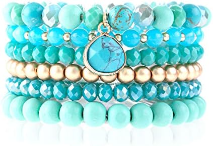 Spring Ring Clasp Stackable Beaded Bracelets - White Gold Bead Chain Base Metal Gems - Bohemian Style for Women - Natural Stone/Charm Design