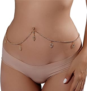 Alloy Belly Ring Body Chain with Crystal Leaf Pendant for Women, Featuring Rhinestone Sparkle and Adjustable Length