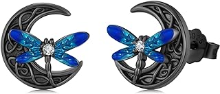 Twoowl Black Dragonfly Stud Earrings 925 Sterling Silver Celtic Moon Earrings Irish Celtic Jewelry Gifts for Women Girls