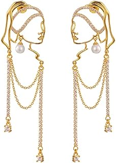 Latch-Back Brass Unique Abstract Face Art Dangle Earrings with Cubic Zirconia for Women - Tassel Chandelier Design
