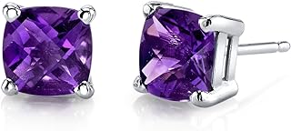 Women's Premium 14K White Gold Solitaire Amethyst Stud Earrings with Secure Push-Back Closure and Cushion Cut Design - AAA Grade 1.75 Carats Birthstone Jewelry