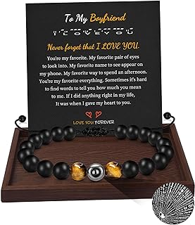 100 Language I Love You Projection Men's Bracelet with Braided Chain, Matte Black & Tiger Eye Bead Design - Ideal Gift for Dad, Brother, Husband, Grandson - Adjustable, Clasp-Free, Stainless Steel