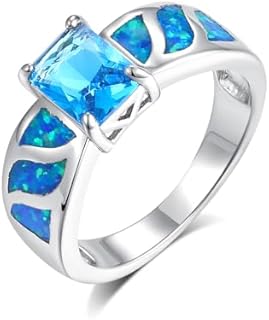 MDFUN Opal Engagement Halo Ring for Women Created Opal Cubic Zirconia 2 in 1 Rings Set 18k White Gold Plated Round CZ Promise Ring Bands Jewelry Gifts Size 5-10