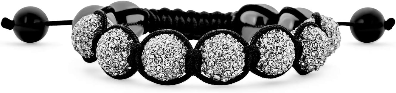 Unisex Silver-Plated Cord Chain Bracelet with Pave Crystal Beads in Shamballa Design - Adjustable 6.5 Inches