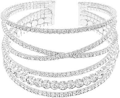Jojomina MultiLayer Crystal Rhinestone Cuff Bracelet For Women Girls Silver Strand Layered Bridal Bracelet Jewelry for Prom Party Wedding Dating