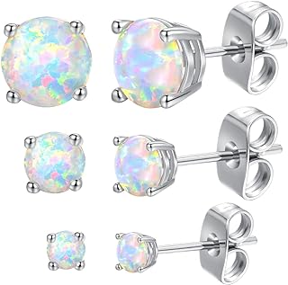 GEMSME 18K White Gold Plated 6mm Round White Opal Stud Earrings For Women