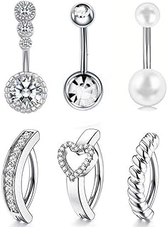 6-Piece Stainless Steel Belly Button Rings for Women Belly Ring Piercing Jewelry with Pearls, Zirconia, and Cat Charms Gift (Silver)