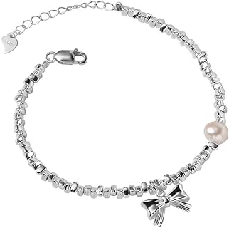 Silver Bow Bracelet Pearl Bracelet for Women Teen Girls,Pearl Beaded Crystal Bow Bracelet Bangle Cuff Chain,Bow Jewelry Fashion Accessories