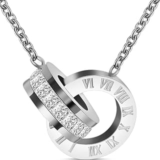 Jude Jewelers Stainless Steel Necklace with Interlocking Circle Pendant, Box Chain & Cubic Zirconia Gems - Roman Numerals, Infinity Style