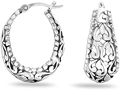 LeCalla 925 Sterling Silver Filigree Hoop Earrings Antique Oxidized Small Click-Top Italian Filigree Hoops Earring for Women