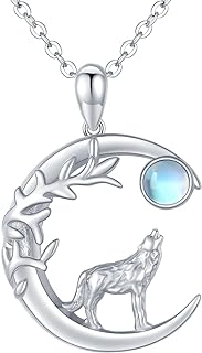 S925 Sterling Silver Rolo Chain Wolf Pendant Necklace with Crescent Moon Design for Women