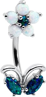 Stainless Steel Belly Button Ring with Brilliant Blue Synthetic Opal for Women, Flower Design