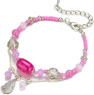 Lobster Claw Clasp Pink Cuff Bracelet with Bead Chain for Women, BoHo Beaded Style by FULU AUTUMN