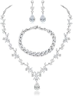 Hadskiss Jewelry Set for Women, Necklace Dangle Earrings Bracelet Set, White Gold Plated Jewelry Set with White AAA Cubic Zirconia, Allergy Free Wedding Party Jewelry for Bridal Bridesmaid