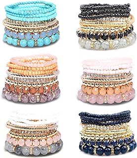 Colombian Beaded Bracelets with Agate Gems for Women - Multi-color Bohemian Stackable Design