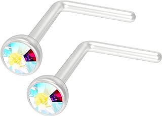 Crystal L-Shape Nose Ring 20g Bend Flexible Bioflex Small Plastic Nostril Stud Clear 2.5mm