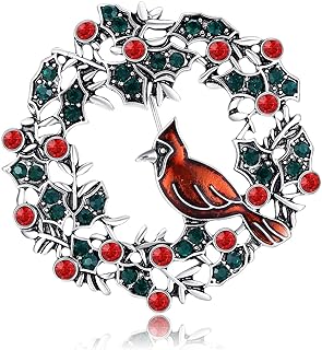 Cardinal on Wreath Pin Red Bird with Crystal Flower Green Leaf Christmas Brooches for Women Gifts Holiday Party Decorations with Message Card & Box
