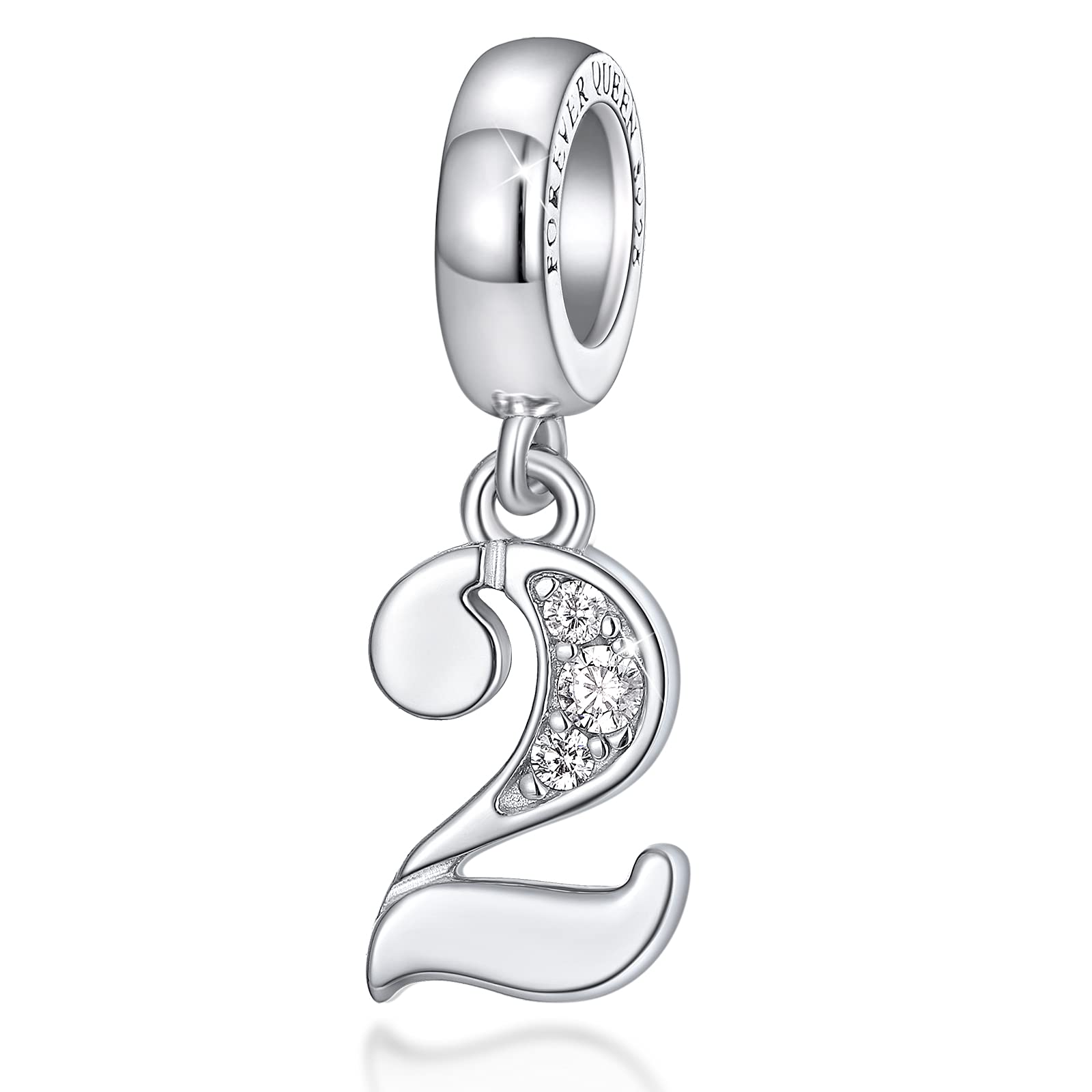 FOREVER QUEEN Lucky Number 0-9 Charm S925 Sterling Silver Pendant Dangle Bead with Cubic Zirconia fit Charms Bracelet Necklace Meaningful Anniversary Jewelry Gift for Girlfriend Wife Mother Daughter