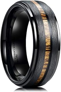 King Will 8mm Tungsten Rings Wedding Ring for Men Center Wood Inlay Black Ring Matte Brushed Finish Polished Beveled Edge Comfort Fit
