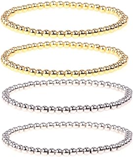 COLORFUL BLING 4Pcs Copper Beaded Stretch Bracelet Set Ball Beads Stacking Elastic Brass Bead Ball Stretch Bracelet Bangle for Women Men