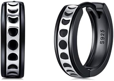925 Sterling Silver Moon Phase Hoop Earrings with Hinged Back for Women and Men, Black Crescent Design