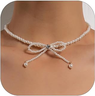 Pearl Bow Necklace for Women Bow Chain Necklace Vintage Pearl Beaded Necklace Bow Choker Necklace Jewelry for Girls