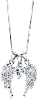 Lobster Clasp Angel Wings Pendant Necklace with Snake Chain and Cubic Zirconia Gem for Women in Heart Design, Silver-Toned Brass by BERRICLE