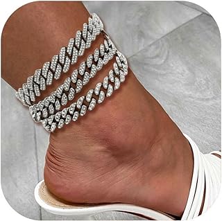 Jacruces Gold Silver Ankle Bracelets for Women Cuban Link Anklets Plus Size Ankle Bracelet Layered Link Anklet Set Rhinestone Diamond Bling Anklets Gold Silver Jewelry for Women Girls Gift Set