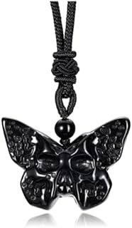 Unisex PESOENTH Butterfly Skull Crystal Pendant Necklace with Cable Chain - Protective Spiritual Gemstone Necklace Gift for Halloween/Christmas