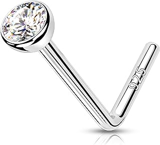 MeIighting 925 Sterling Silver Nose Stud L Shaped Nose Ring 20G Solid Silver Nose Piercing Jewelry Clear Round CZ for Women Men Nostril Piercing