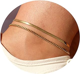 MIDEEO Women's 14K Gold Plated Brass Anklet with Herringbone, Snake, Cuban Chains and Lobster Claw Clasp, Adjustable and Hypoallergenic, USA Made