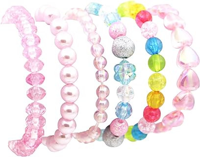 6 Pieces Princess Bracelets,Rainbow Stretchy Bead Bracelets Pink Love Bracelet,Girls Costume Jewelry Set