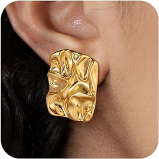 Risamil Women's Chunky 14k Gold Plated Stud Earrings with Secure Screw Back and Trendy Geometric Design in Hammered Finish